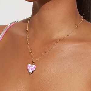 NEW Pink Toile Porcelain Heart Pendant Gold Necklace